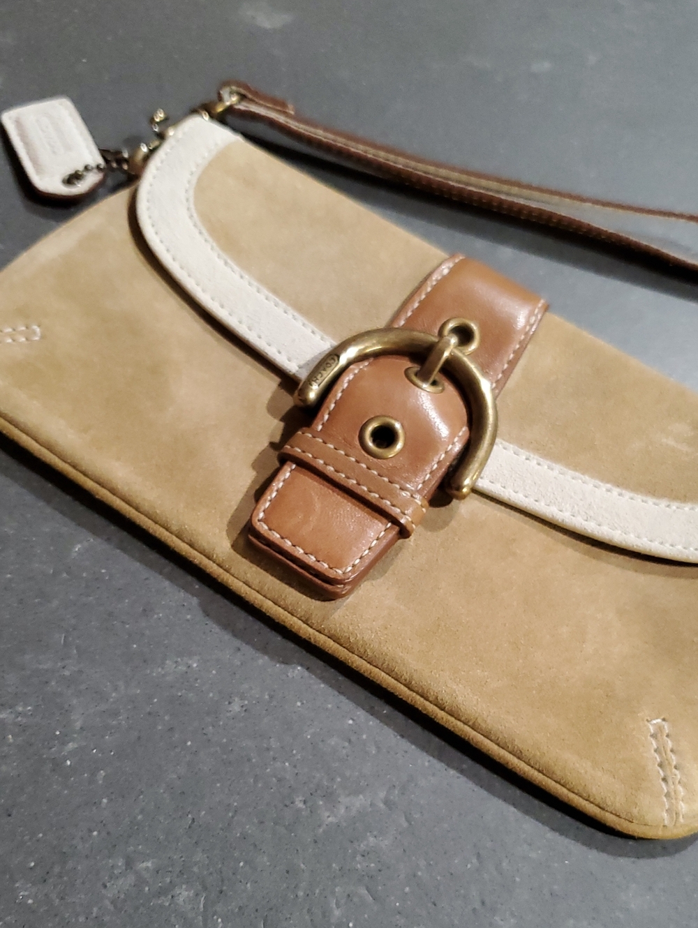 Coach Suede & Leather Wristlet Clutch in Tan, Cream and Brown